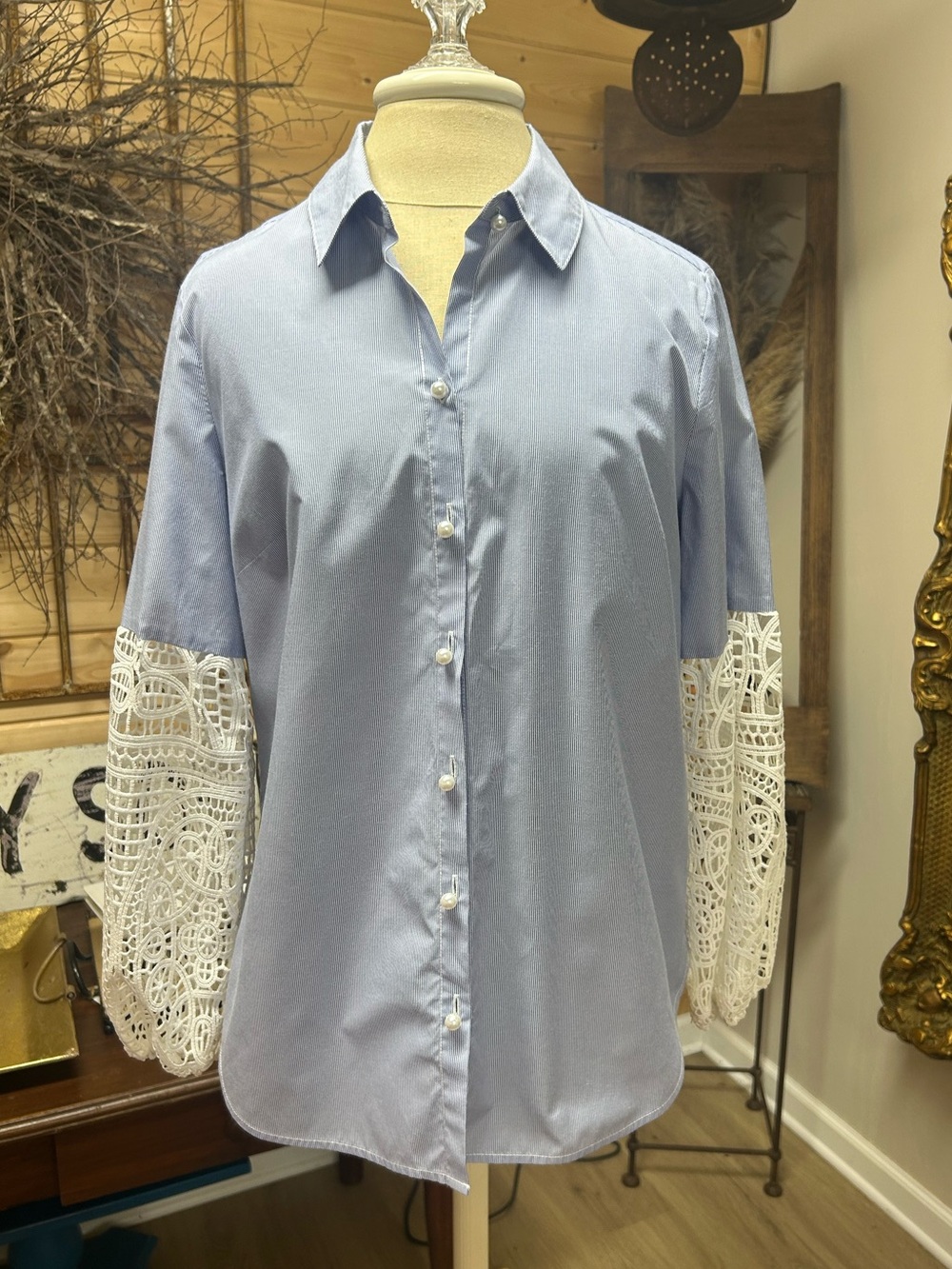 Chico’s Blue Stripe Lace Sleeve Button Front Top
